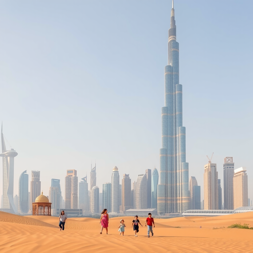 Dubai skyline featuring Burj Khalifa with families enjoying various attractions including theme parks and desert activities