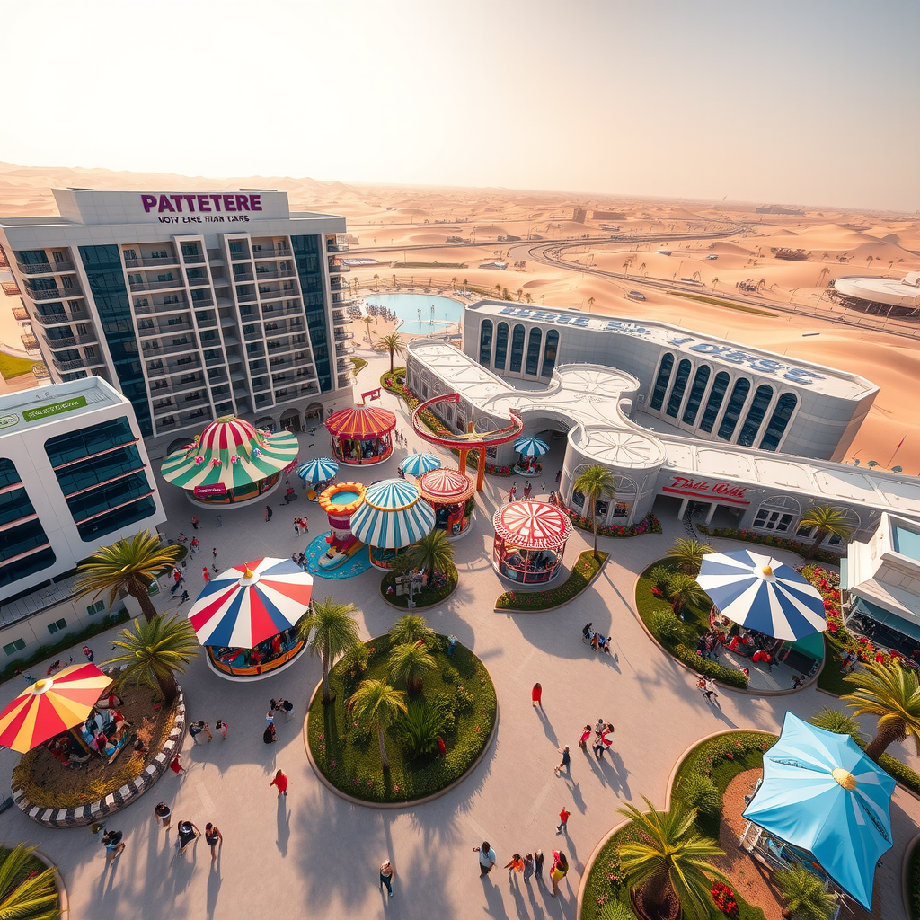 Aerial view of Dubai's new family entertainment district featuring modern buildings, colorful theme park attractions, and families enjoying various activities under the bright desert sun
