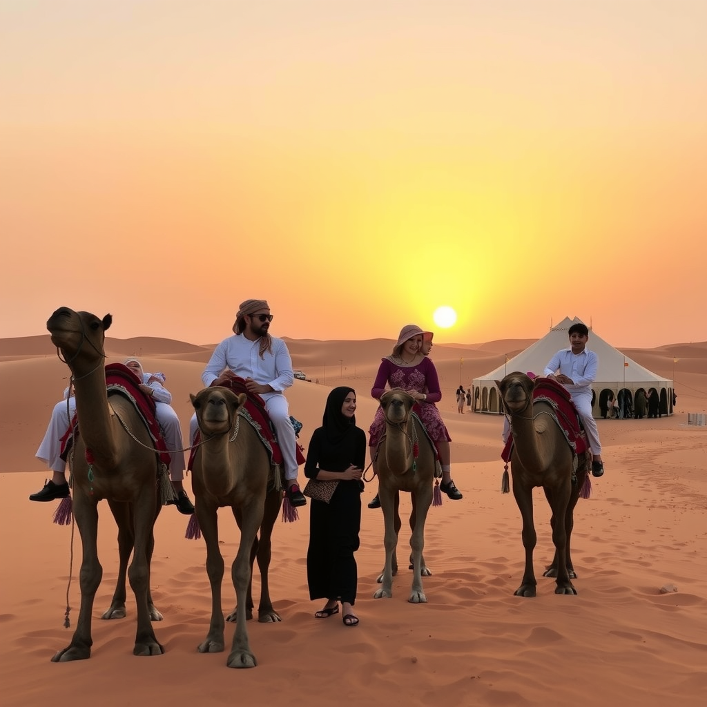 Families enjoying a traditional desert safari experience in Dubai with camels, sand dunes, and Bedouin tents under a golden sunset sky
