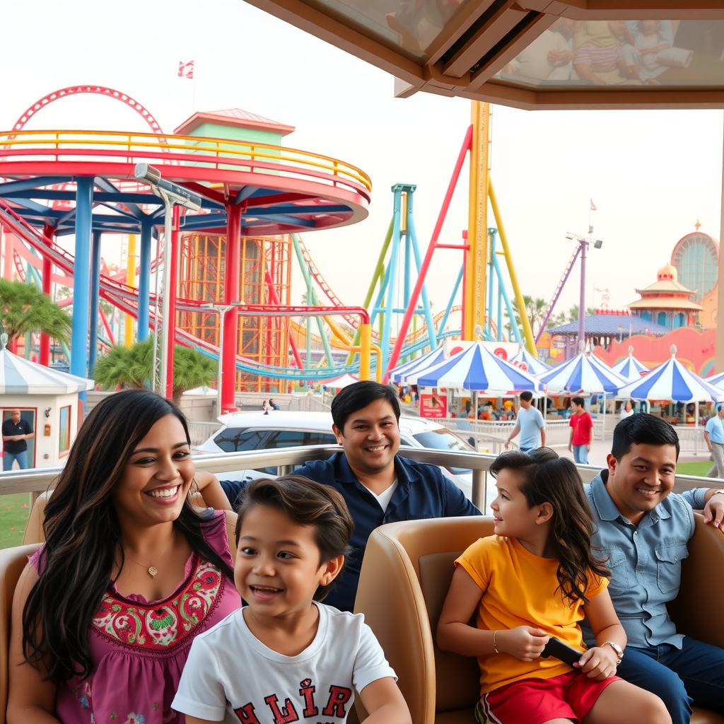 Families enjoying rides and attractions at Dubai Parks and Resorts theme park with colorful roller coasters and entertainment facilities in the background