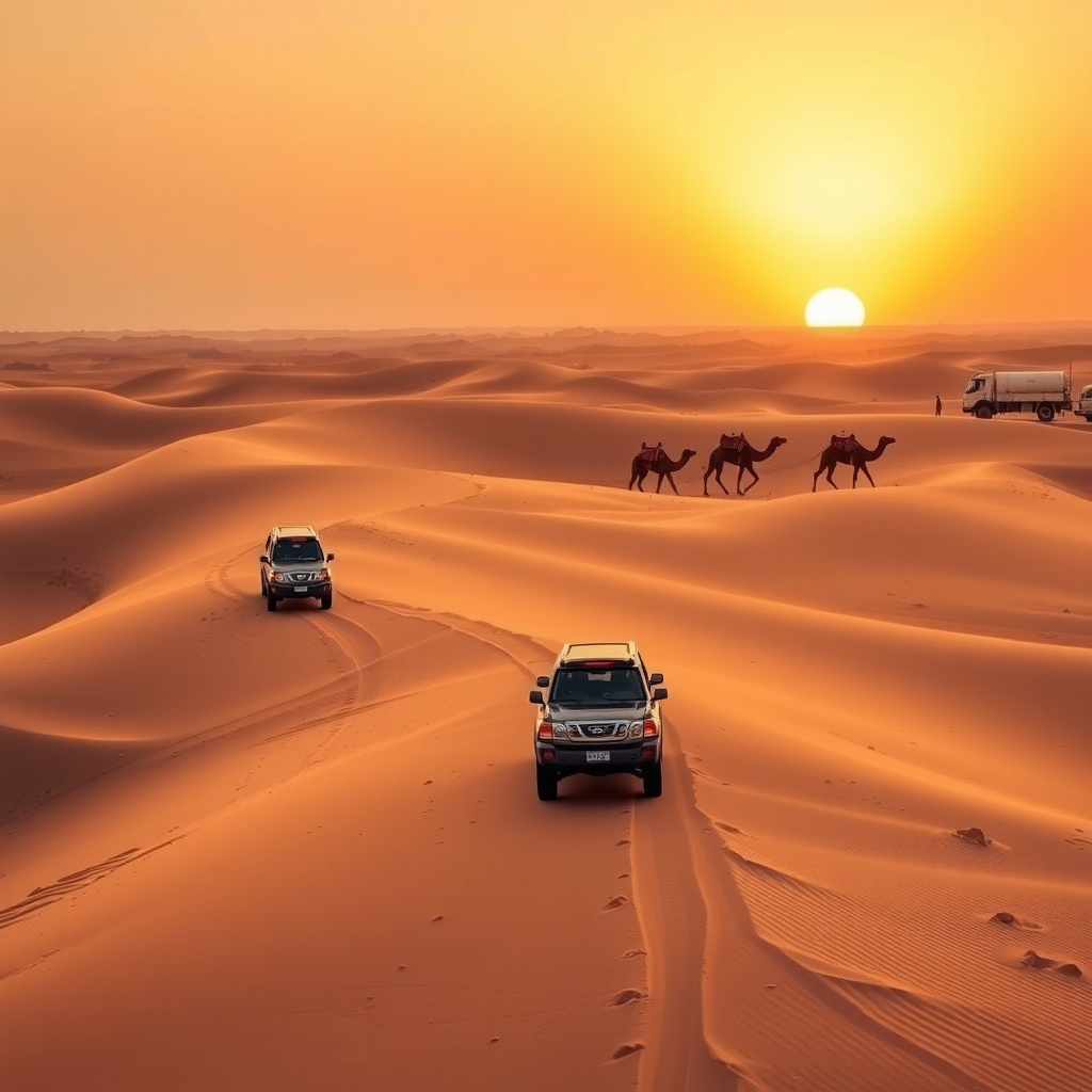 Golden sand dunes with 4x4 vehicles performing dune bashing adventure, traditional Bedouin camp with camels in background, sunset desert landscape