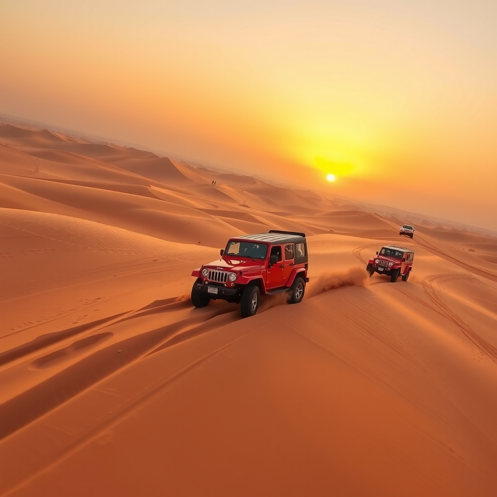Exciting dune bashing adventure with 4x4 vehicles racing over golden sand dunes in Dubai desert during sunset