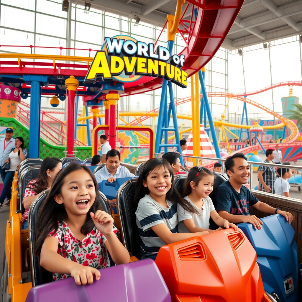 Families enjoying thrilling rides and attractions at IMG Worlds of Adventure theme park in Dubai with colorful roller coasters and entertainment zones