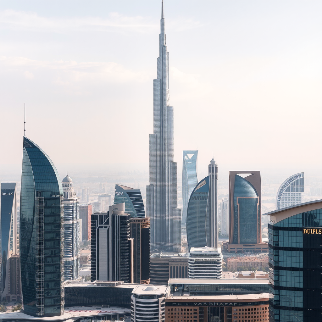 Burj Khalifa towering over Dubai's modern skyline with glass buildings and urban landscape