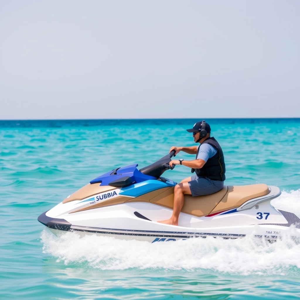 Jet skiing adventure in Dubai waters with modern jet skis and clear blue ocean backdrop