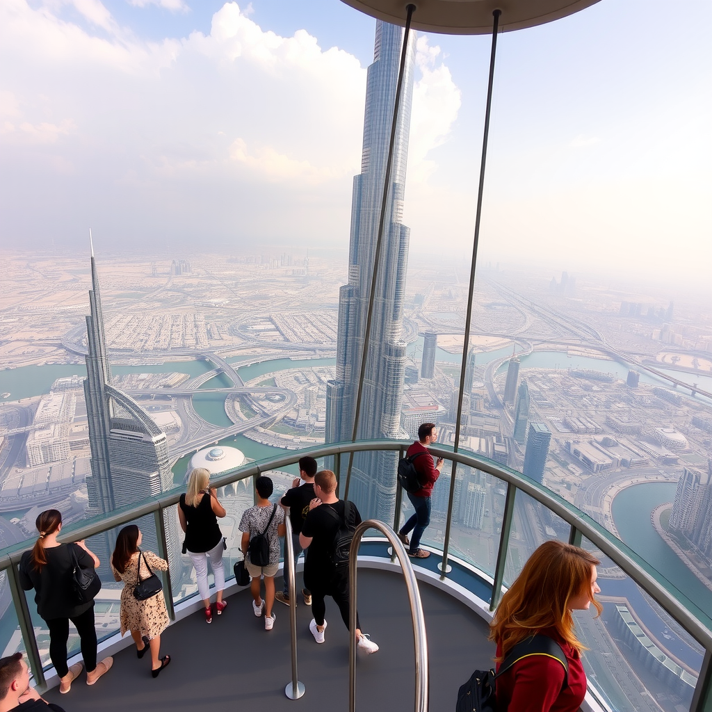 Burj Khalifa observatory deck with panoramic views of Dubai cityscape and visitors enjoying the experience