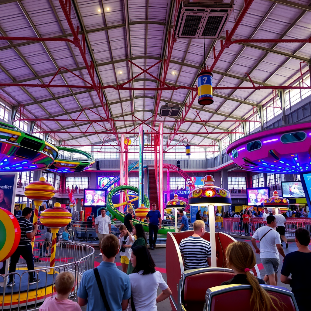 Interior view of the world's largest indoor theme park showing colorful roller coasters, spinning rides, and families enjoying attractions in a climate-controlled environment with LED lighting
