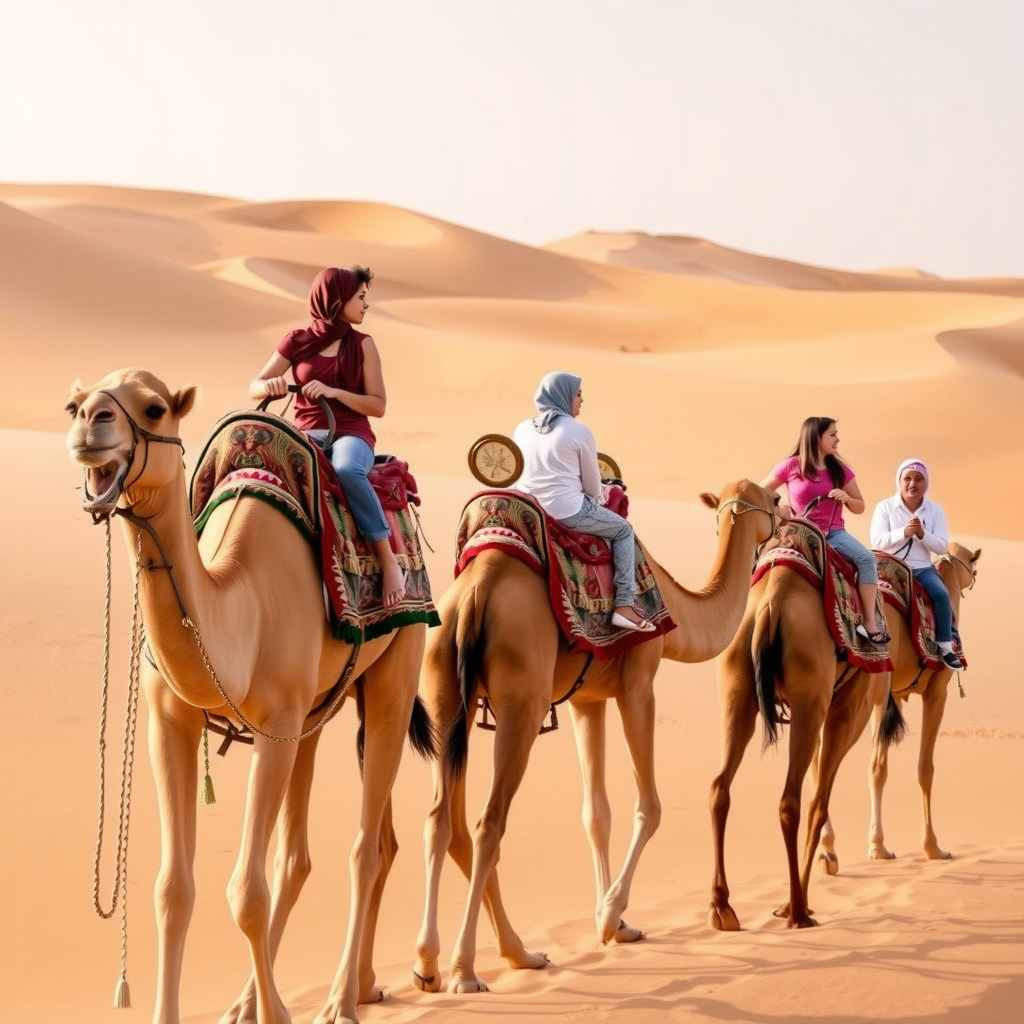 Children and adults enjoying camel rides across golden sand dunes during a family desert safari tour in Dubai