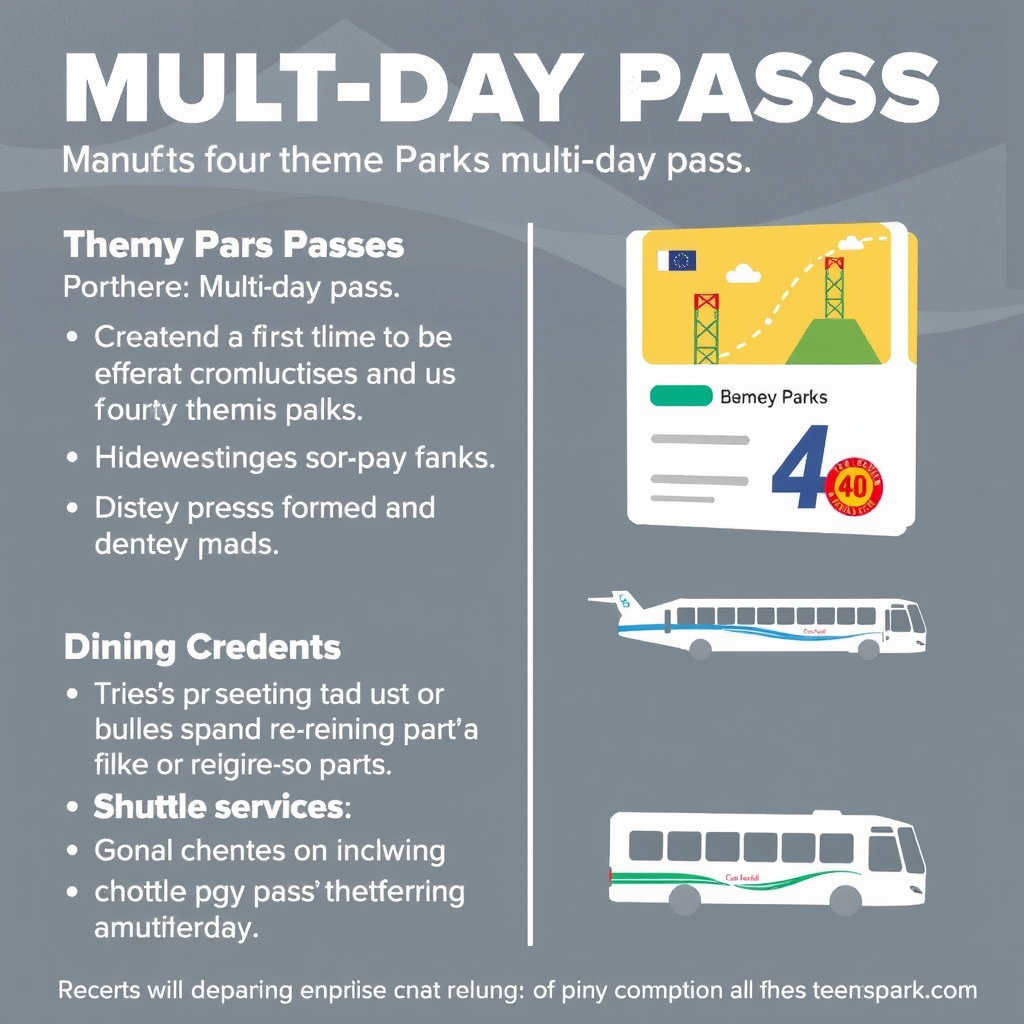 Infographic showing multi-day pass benefits including access to four theme parks, dining credits, and shuttle services