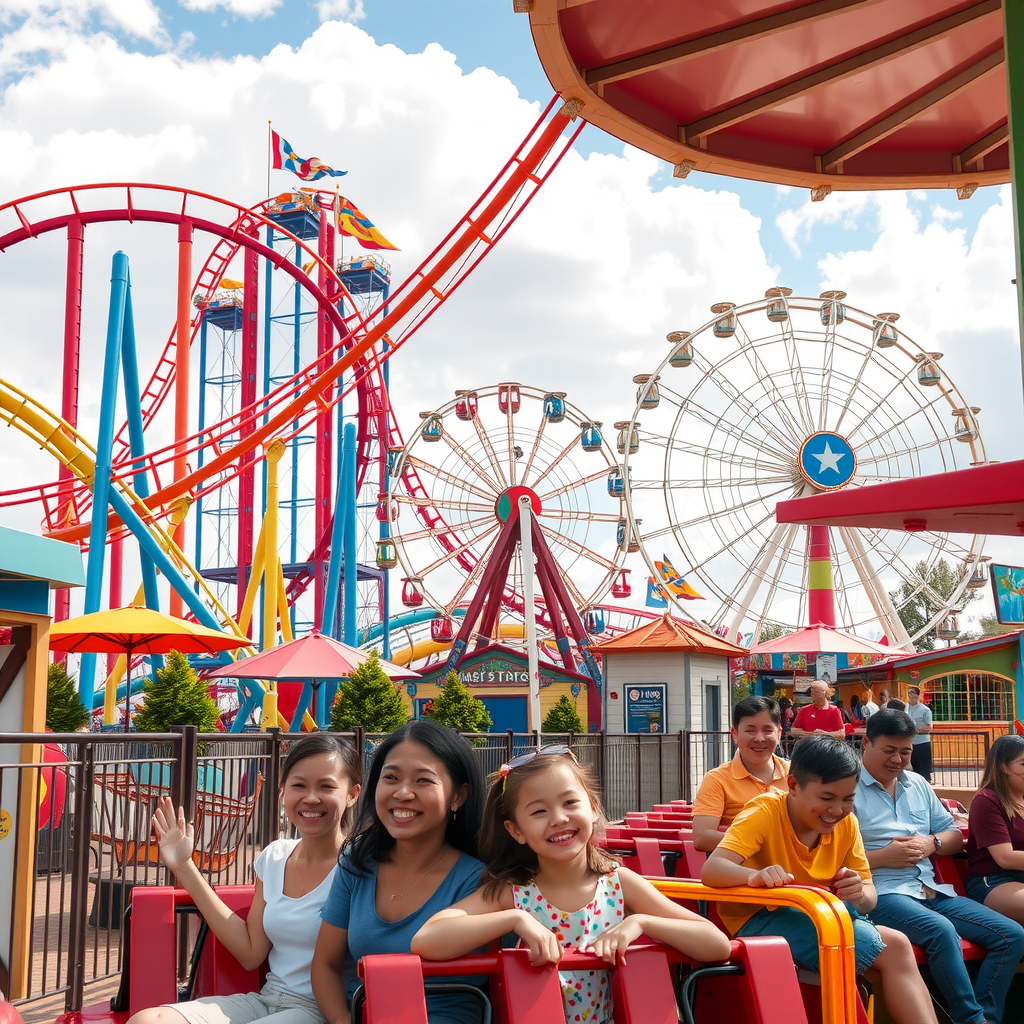 Colorful theme park with roller coasters, ferris wheel, and families enjoying rides, children laughing on attractions, vibrant amusement park atmosphere