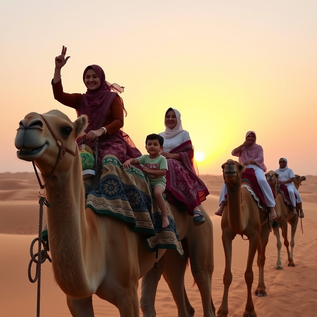 Traditional camel riding experience in Dubai desert with families enjoying authentic Arabian adventure during golden hour