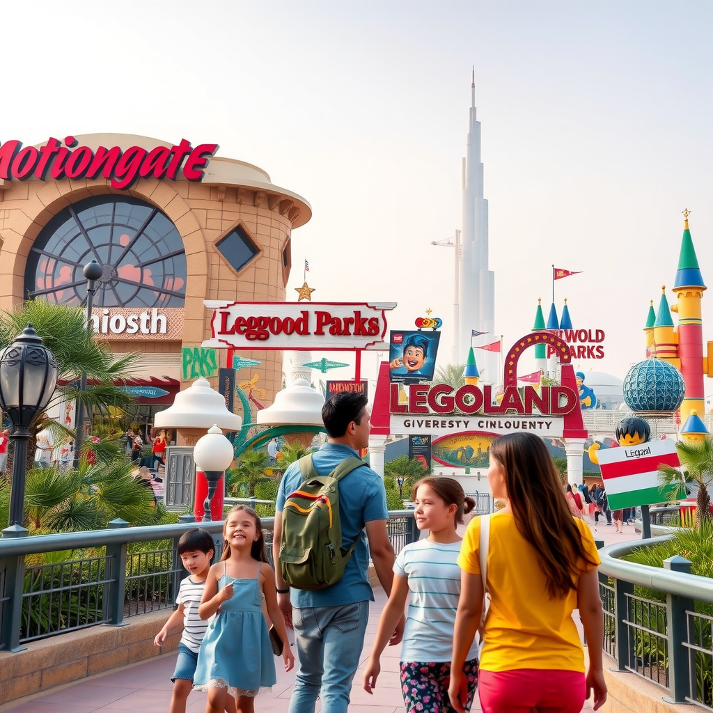 Families exploring Dubai Parks and Resorts with multiple theme parks including Motiongate, Bollywood Parks, and Legoland with exciting rides and entertainment