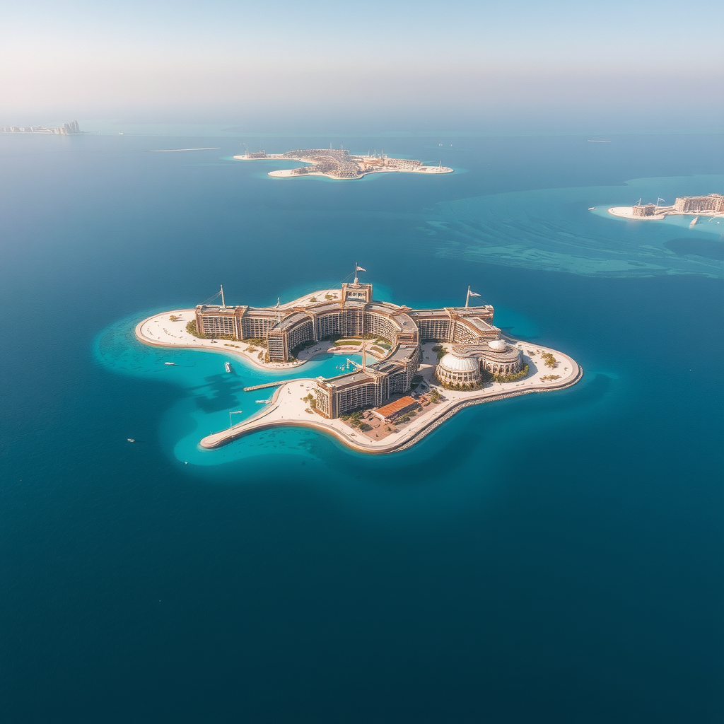 Aerial view of Palm Jumeirah artificial island with luxury resorts and clear blue waters of the Arabian Gulf