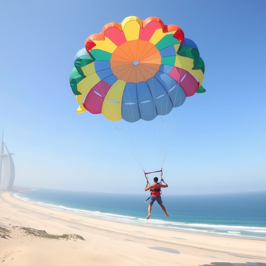 Parasailing activity over Dubai beach with colorful parachute against blue sky and ocean view