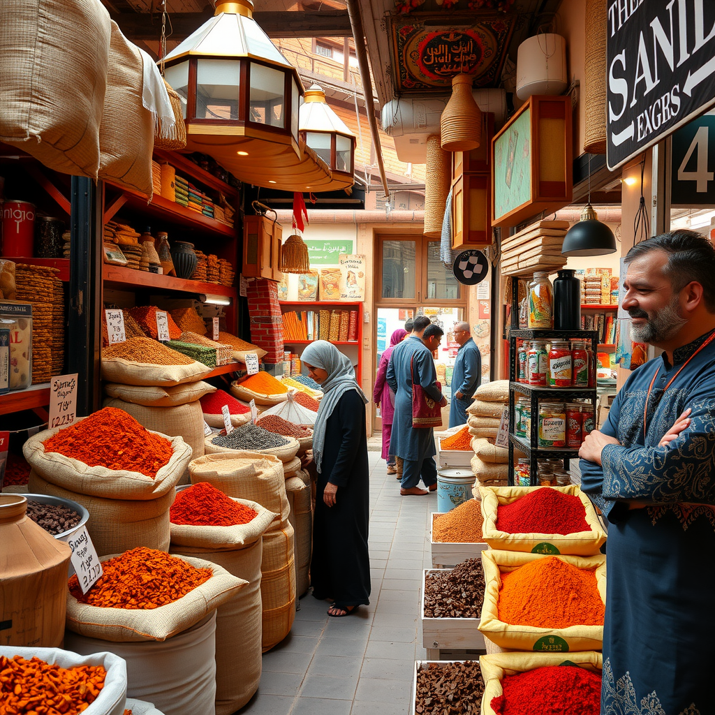 Colorful traditional spice souk with aromatic spices displayed in large sacks and vendors in traditional dress