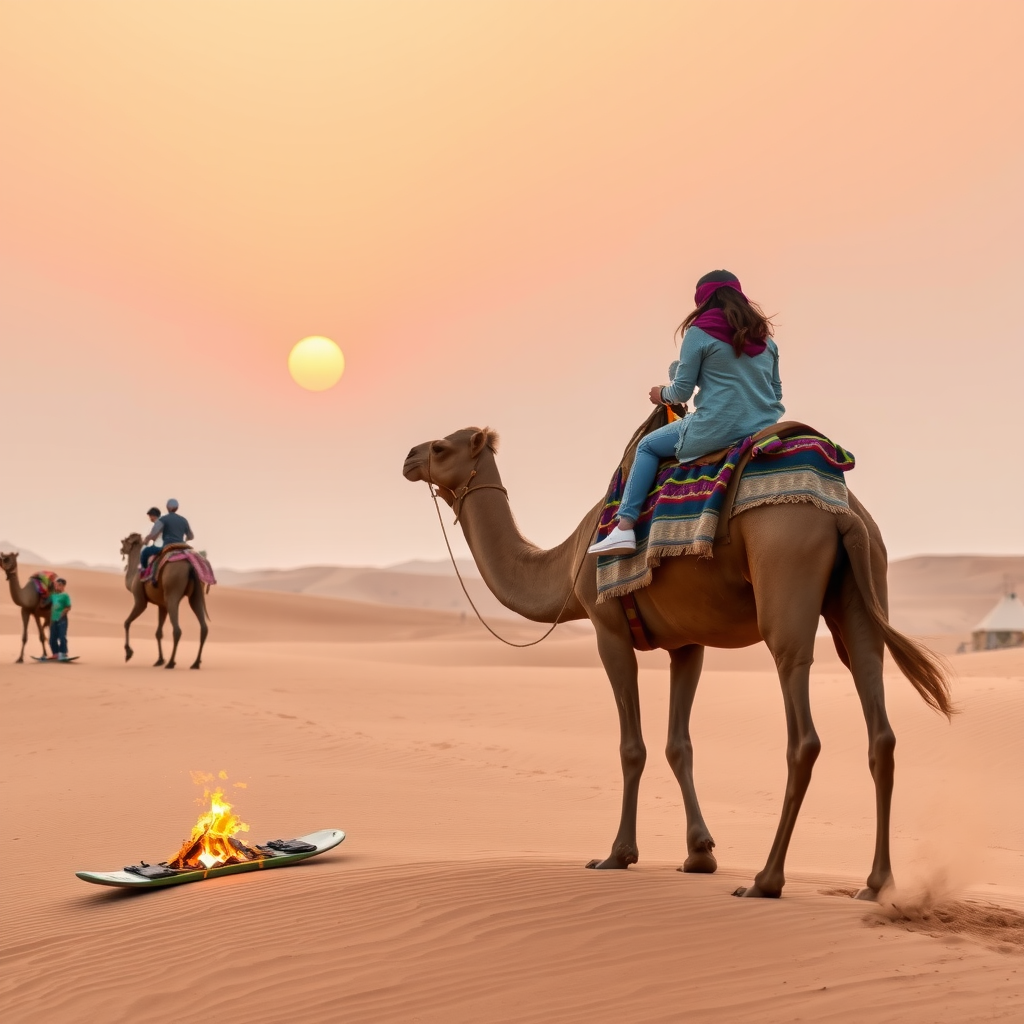 Desert safari scene with families riding camels, sandboarding, and enjoying traditional Bedouin camp activities at sunset