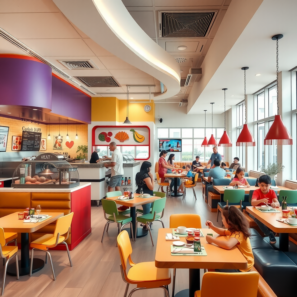 Modern family restaurant interior with colorful seating, interactive cooking stations, and families enjoying meals together in a bright, welcoming atmosphere with themed decorations