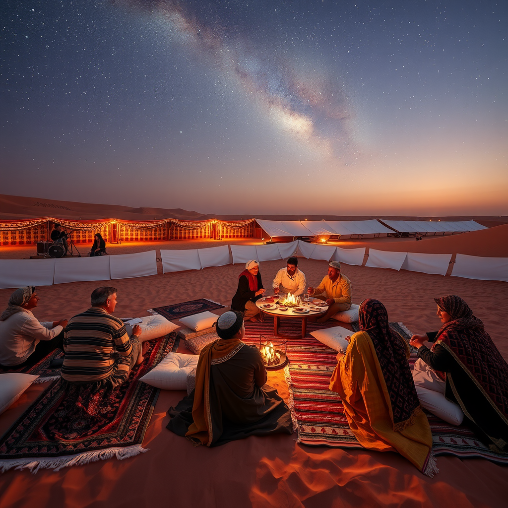 Traditional Bedouin desert camp with colorful carpets, low seating, and families enjoying dinner under the stars with traditional entertainment