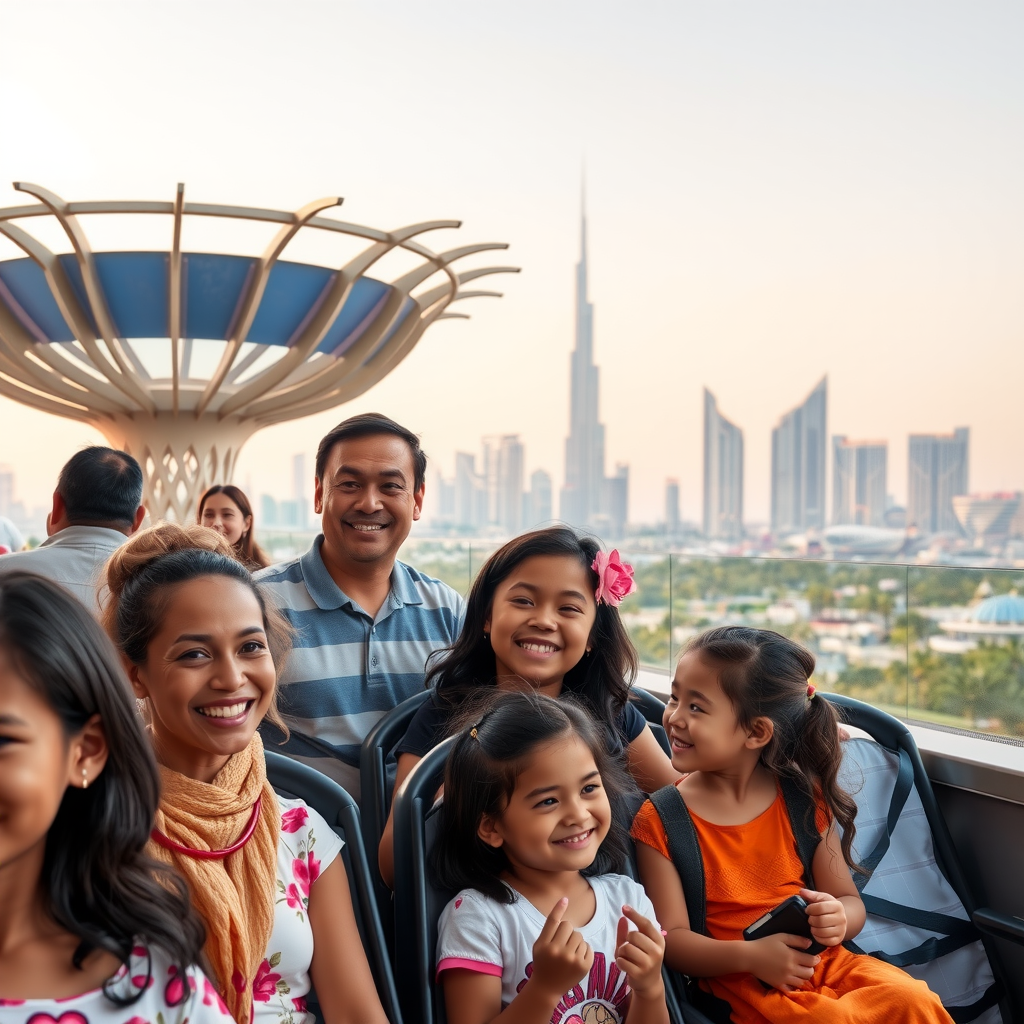 Diverse international families enjoying various attractions at Dubai Parks and Resorts with iconic Dubai skyline visible in the background