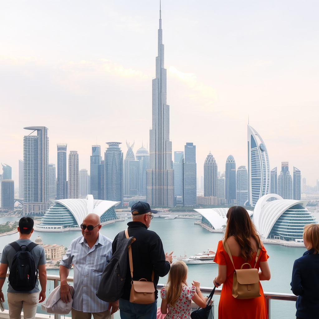 Dubai skyline with Burj Khalifa, modern skyscrapers, Palm Jumeirah island, luxury shopping malls, families sightseeing with tour guide