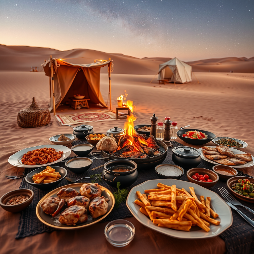 Traditional Arabian BBQ dinner setup in desert camp with grilled meats, local dishes, and authentic Middle Eastern cuisine under desert stars