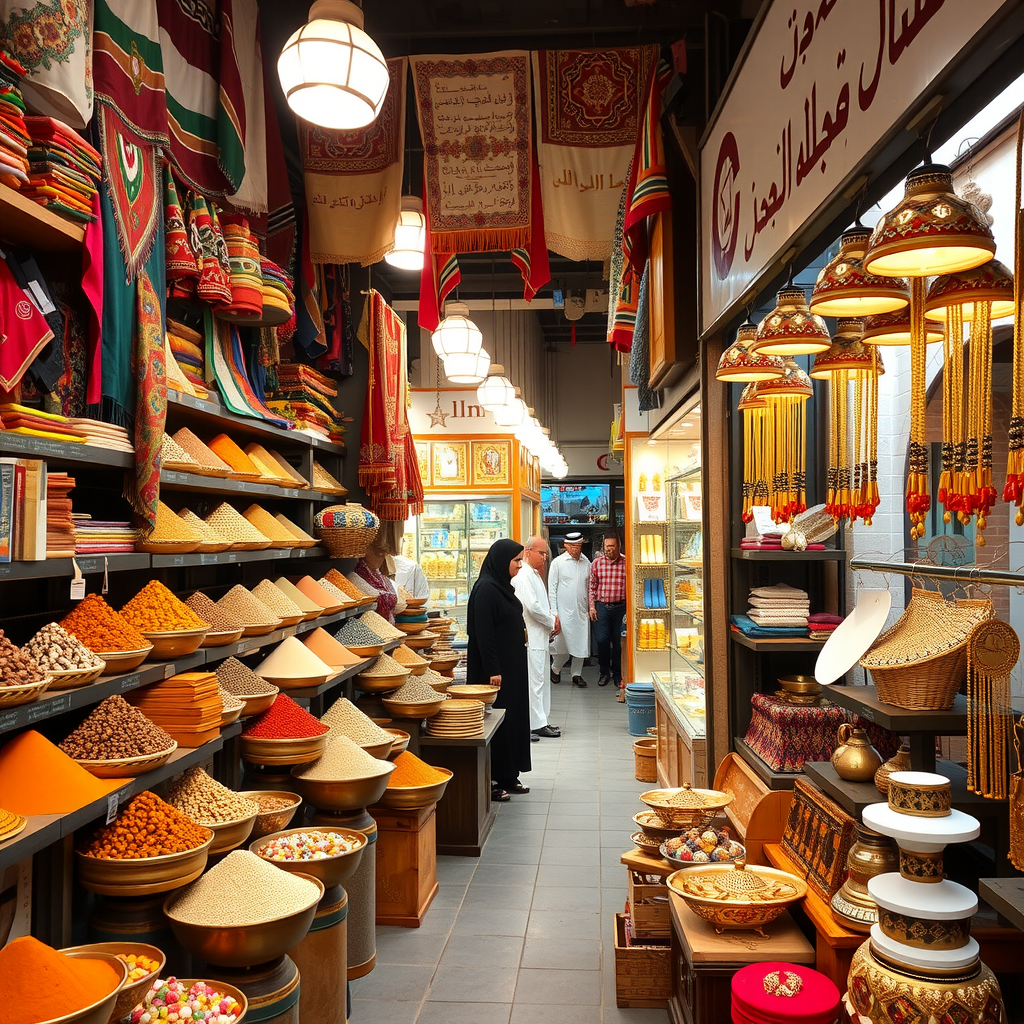 Traditional Dubai souks with colorful spices, textiles, and gold jewelry displayed in authentic Middle Eastern marketplace setting
