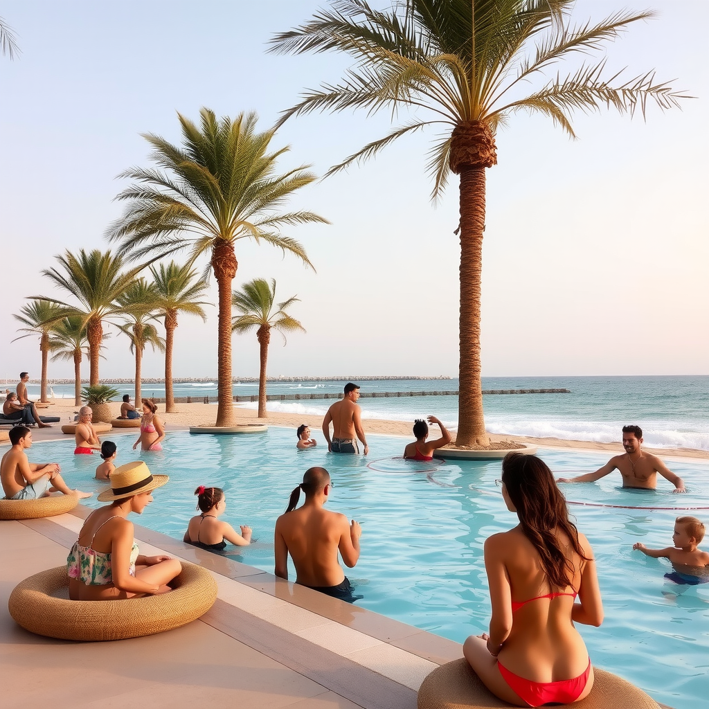 Luxury beach club in Dubai with families enjoying poolside activities, palm trees, and ocean view