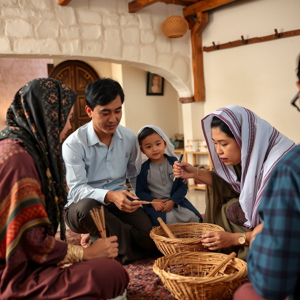 Family participating in traditional Arabic cultural workshop with local instructor demonstrating traditional crafts