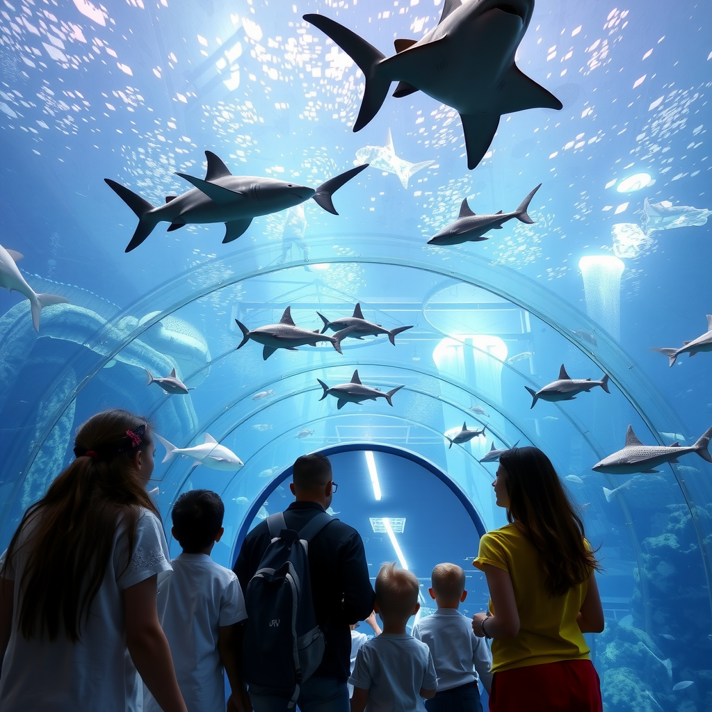 Dubai Mall aquarium with families watching marine life through the massive glass tunnel with sharks and rays swimming overhead