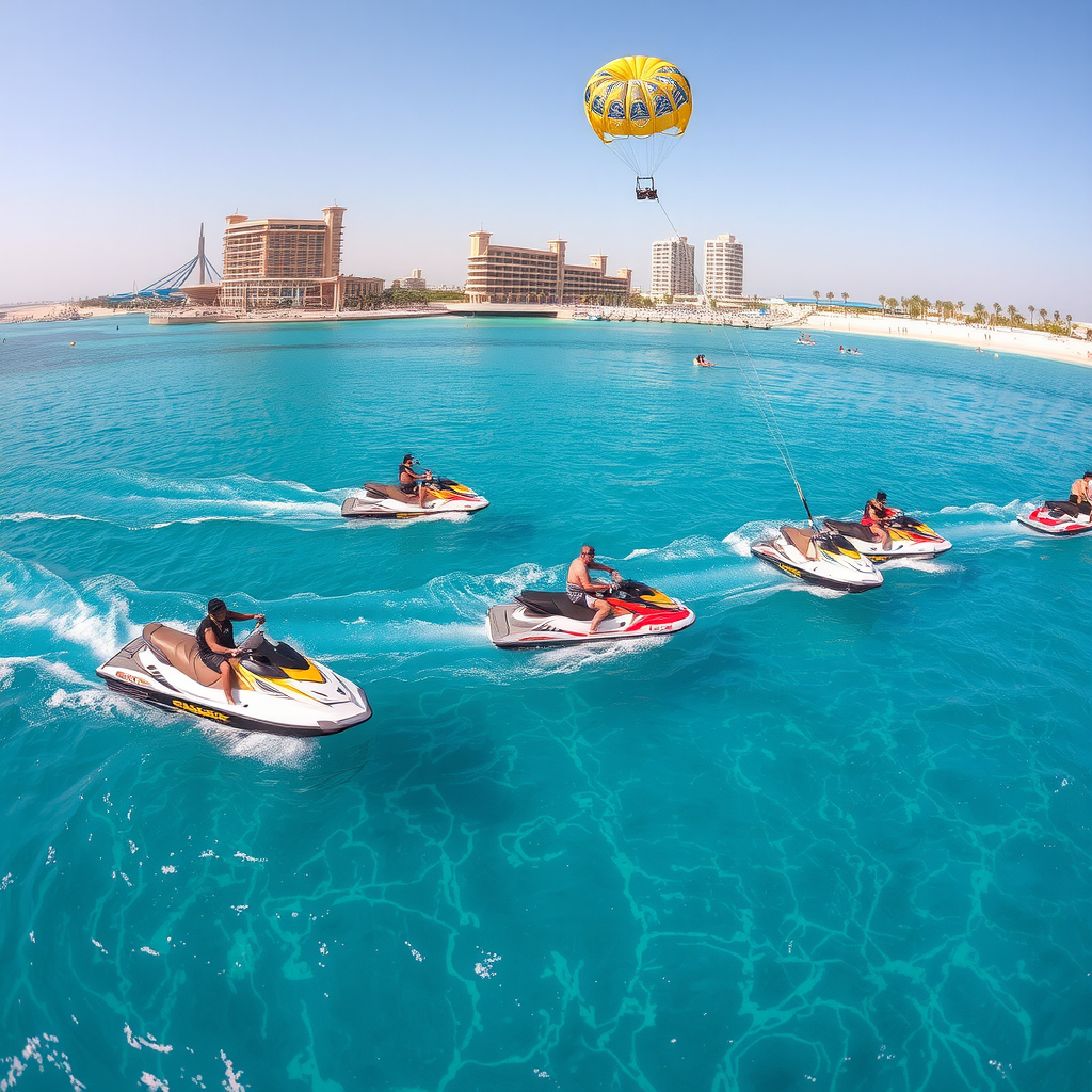 Crystal clear blue water with jet skis, parasailing activities, families enjoying beach clubs, water park slides, Dubai coastline with luxury resorts