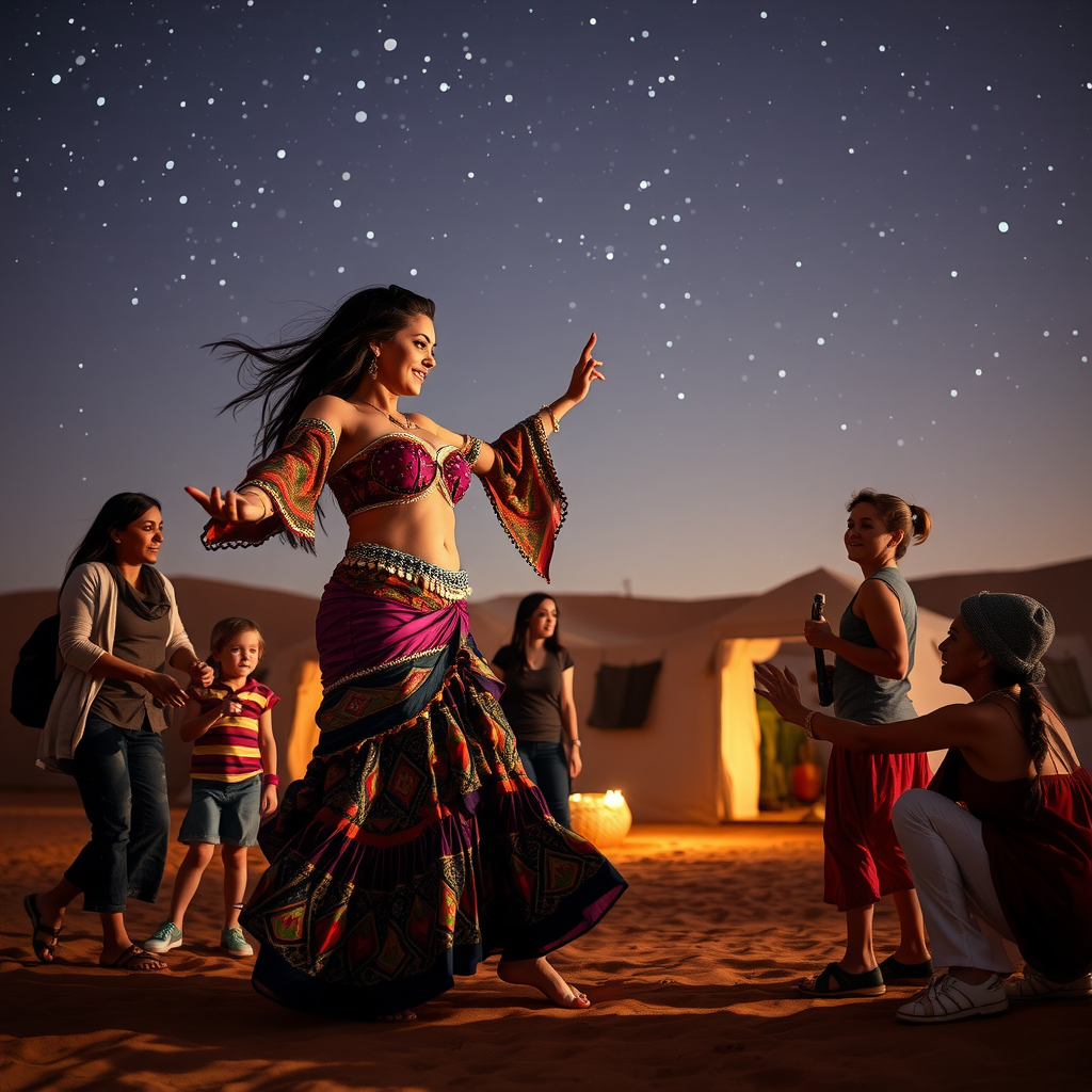 Mesmerizing belly dance performance by professional dancer in colorful traditional costume entertaining families at desert camp under starlit sky