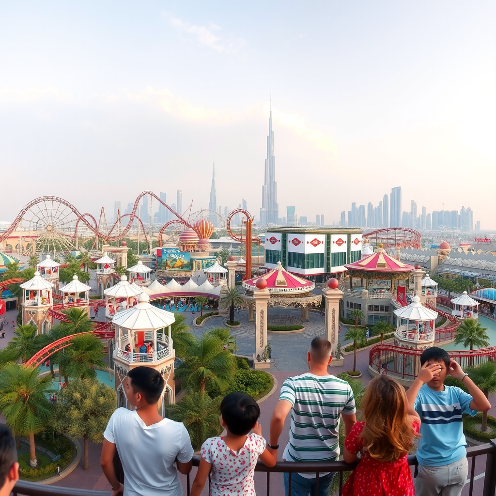 Panoramic view of Dubai's theme parks showing families enjoying various attractions, roller coasters, and entertainment zones with the Dubai skyline in the background