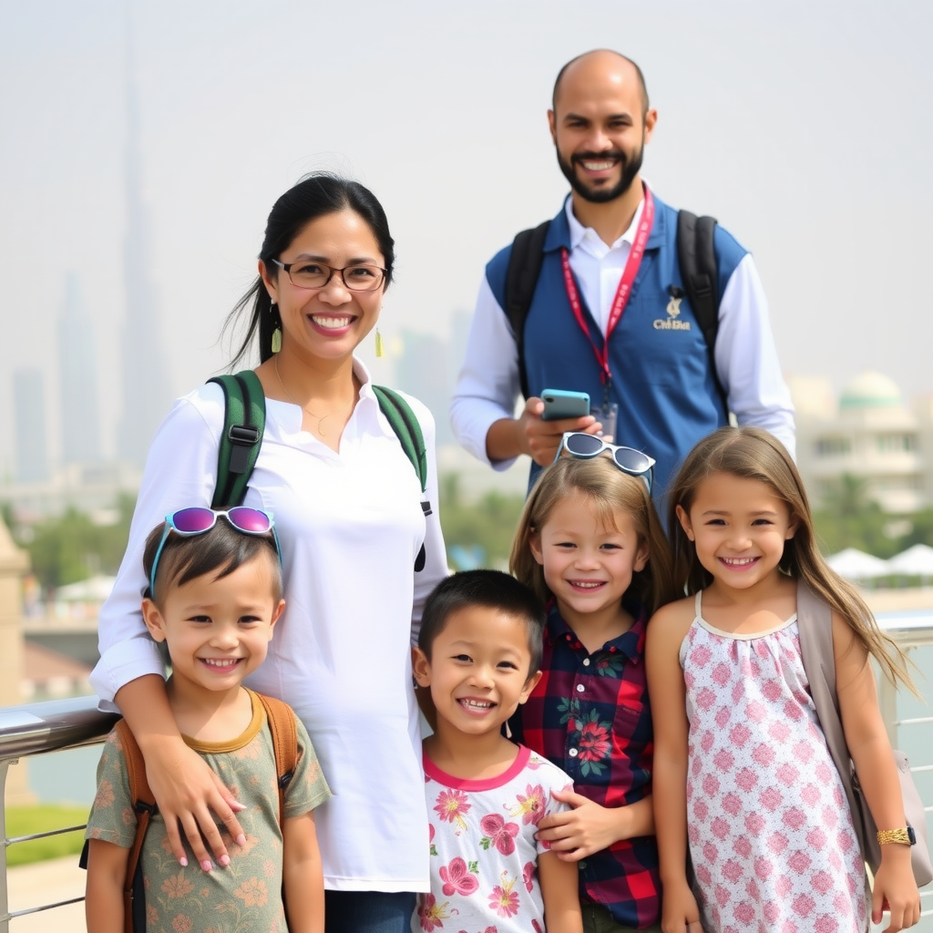 Happy family with children enjoying a guided tour in Dubai with smiling tour guide and iconic Dubai landmarks in background