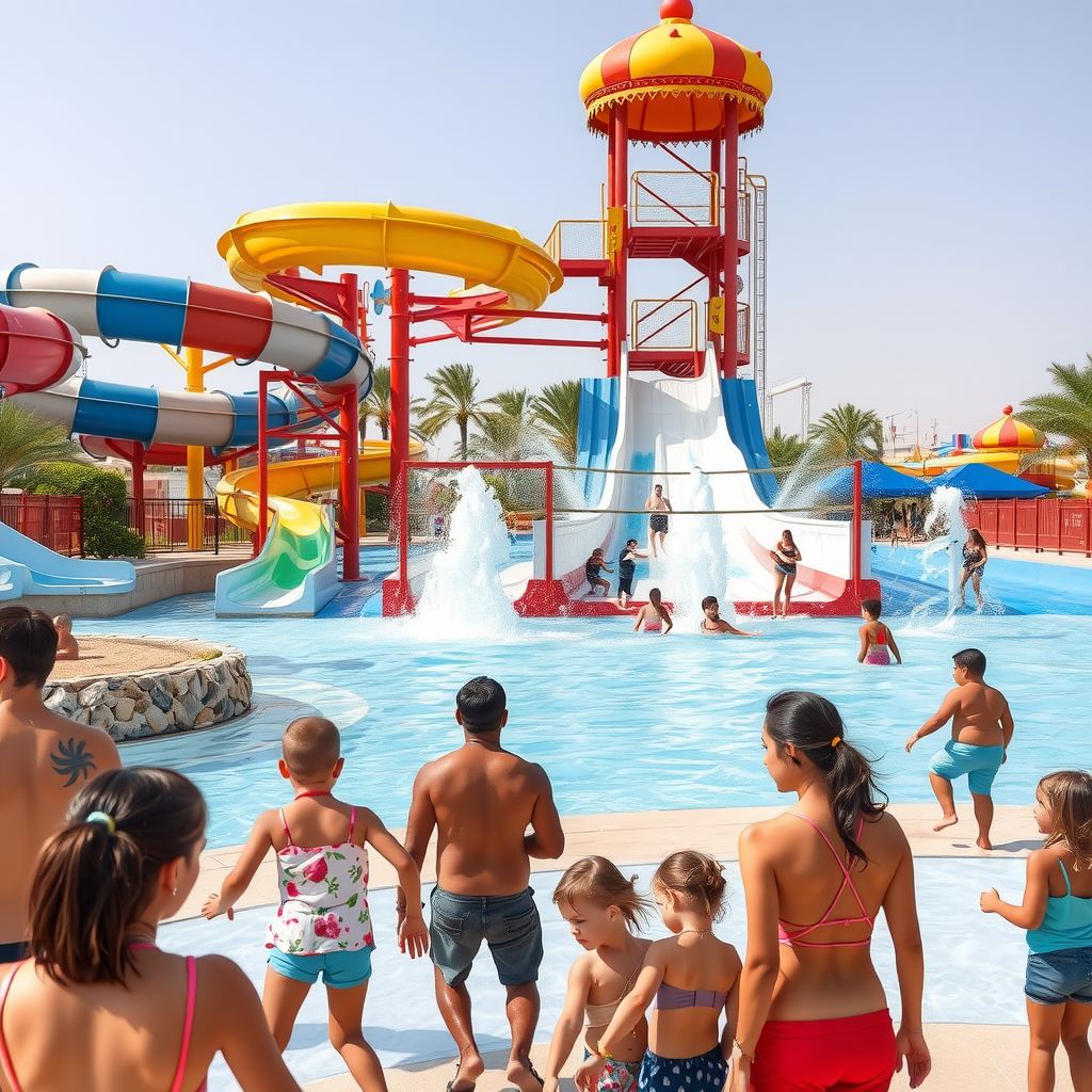 Exciting water park with colorful slides, splash zones, and families having fun in Dubai's sunny weather
