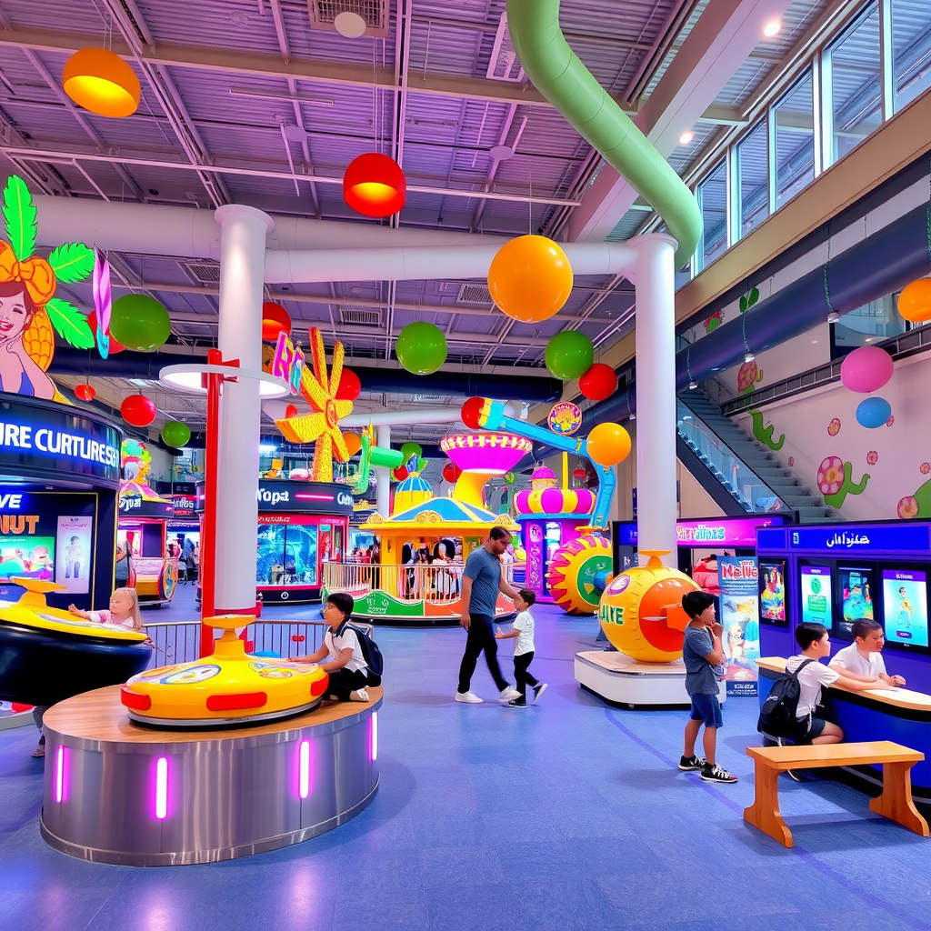 Modern family entertainment complex in Dubai with colorful attractions, children playing, and families enjoying indoor theme park rides and interactive exhibits