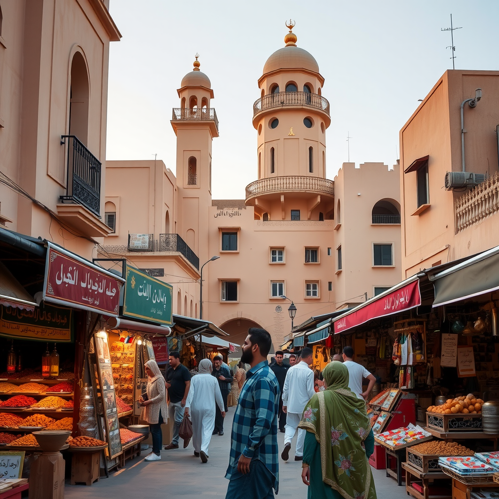 Traditional Dubai architecture, historic Al Fahidi district with wind towers, colorful spice souk markets, families learning Arabic calligraphy and henna painting