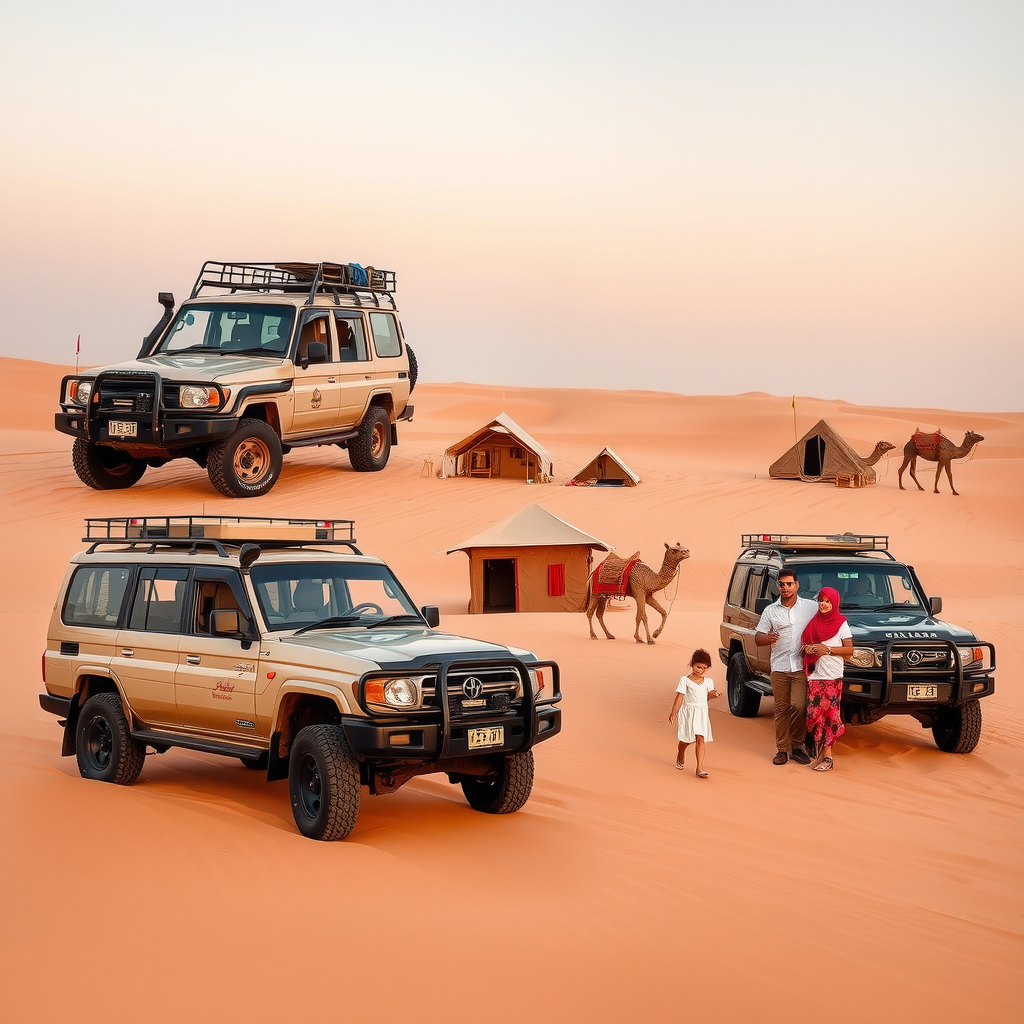 Complete desert safari package showing luxury 4x4 vehicles, traditional camp setup, and family enjoying authentic Arabian desert adventure experience