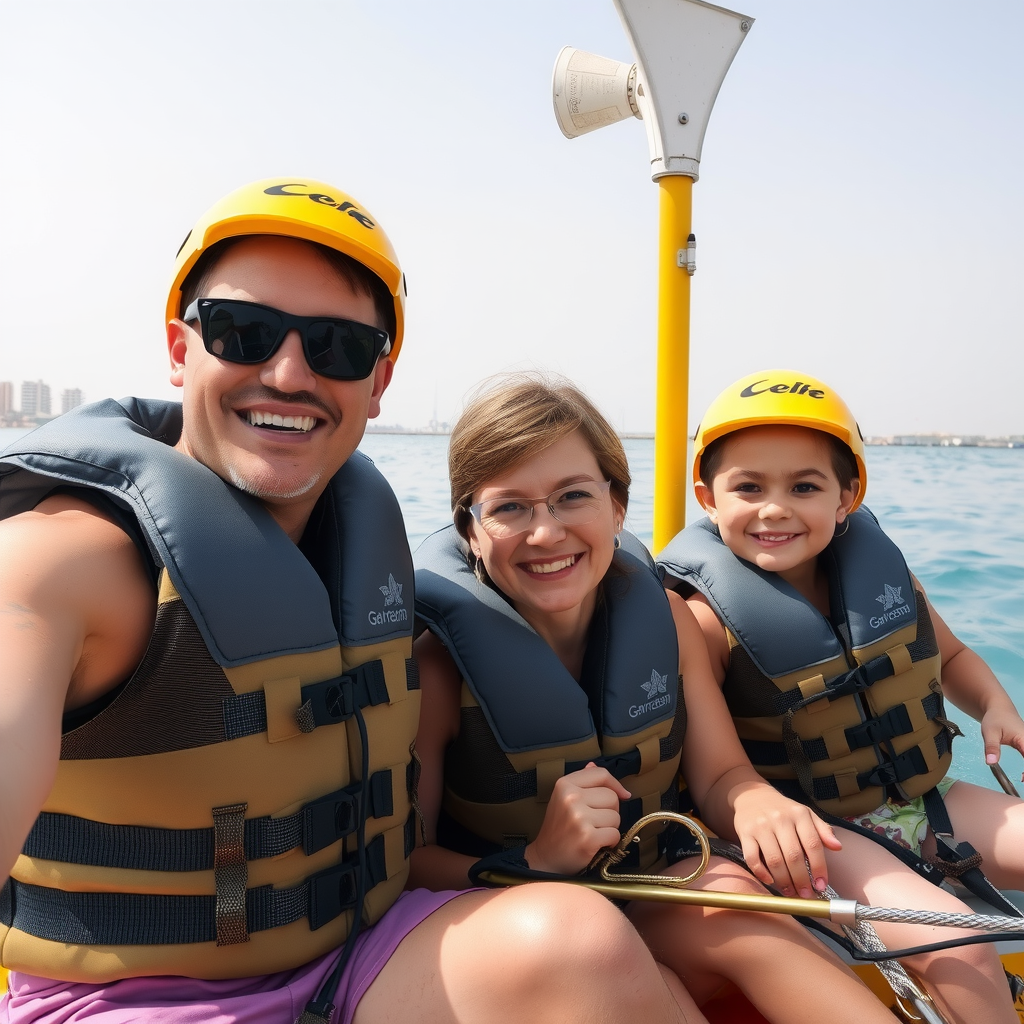 Happy family enjoying water sports activities together in Dubai with safety equipment and instructor supervision