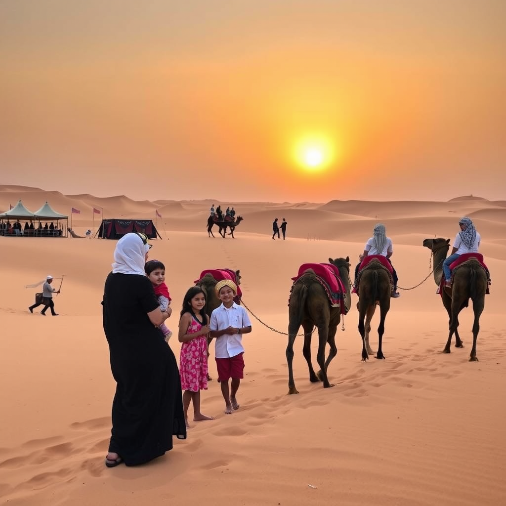 Families enjoying desert safari experience with camels, traditional Bedouin tents, sand dunes, and authentic Arabian entertainment under golden sunset sky