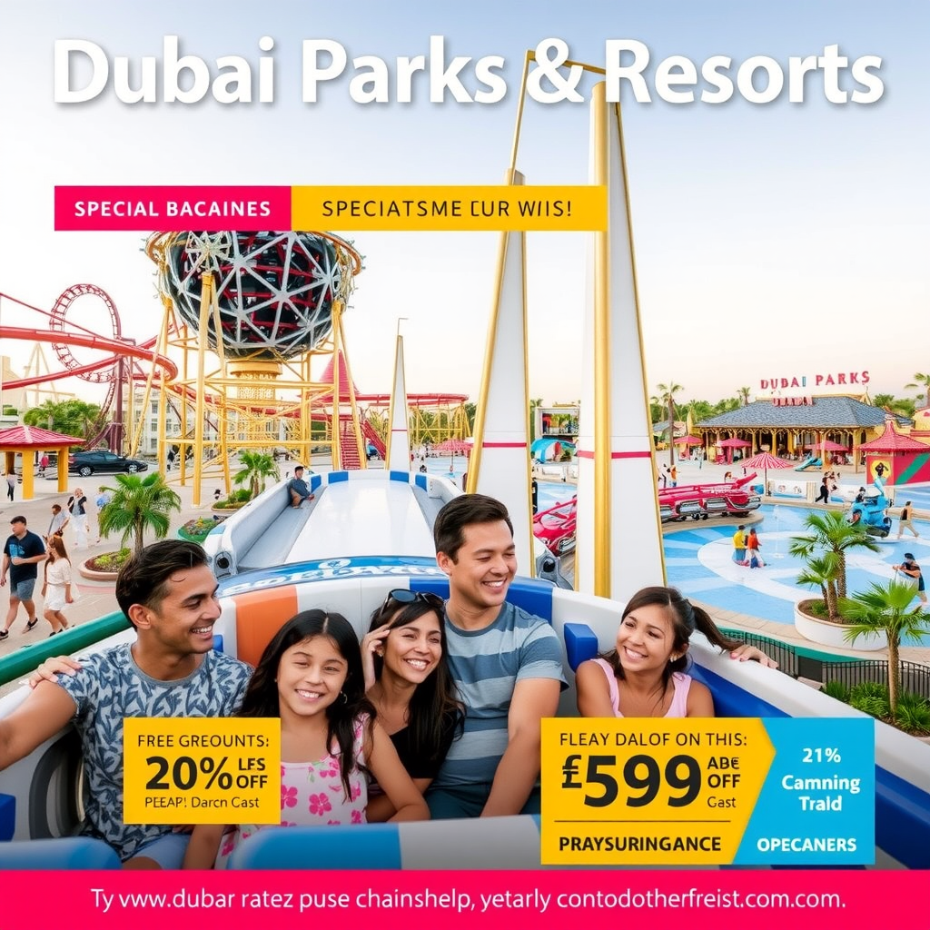 Dubai Parks and Resorts with families enjoying roller coasters, water rides, and theme park attractions with special discount banners and promotional offers visible